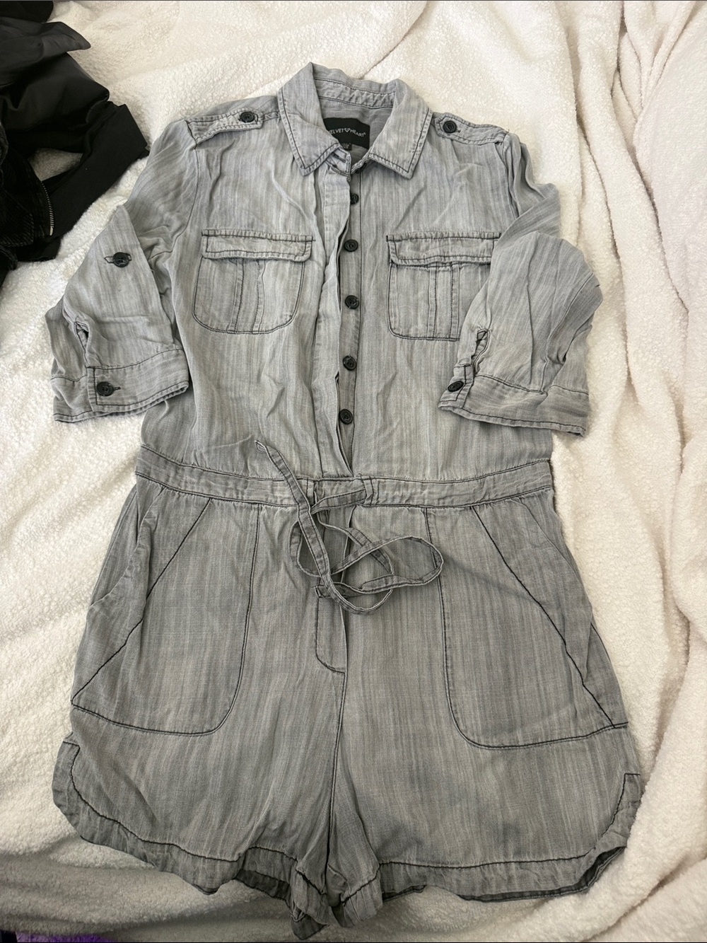 Velvet Light Gray Button-Front Short Jumpsuit